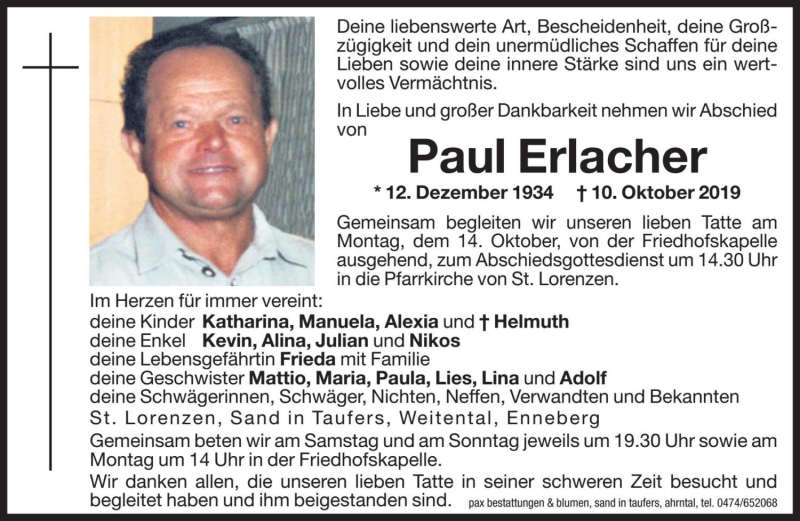  Traueranzeige für Paul Erlacher vom 12.10.2019 aus Dolomiten