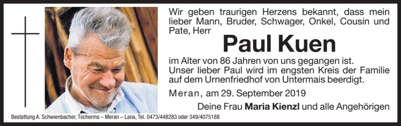  Traueranzeige für Paul Kuen vom 04.10.2019 aus Dolomiten