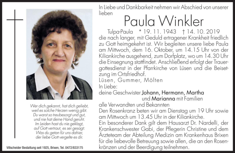  Traueranzeige für Paula Winkler vom 15.10.2019 aus Dolomiten