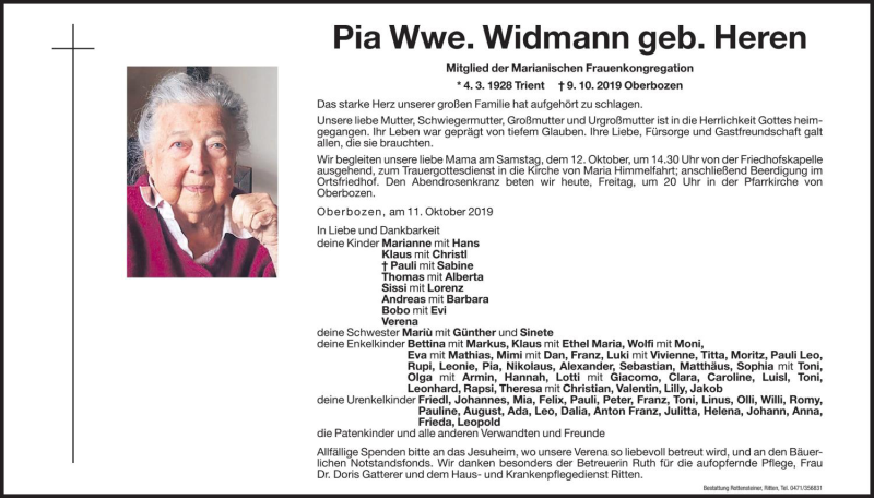  Traueranzeige für Pia Widmann  vom 11.10.2019 aus Dolomiten