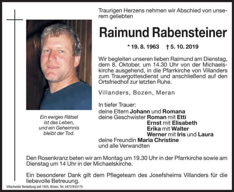  Traueranzeige für Raimund Rabensteiner vom 07.10.2019 aus Dolomiten