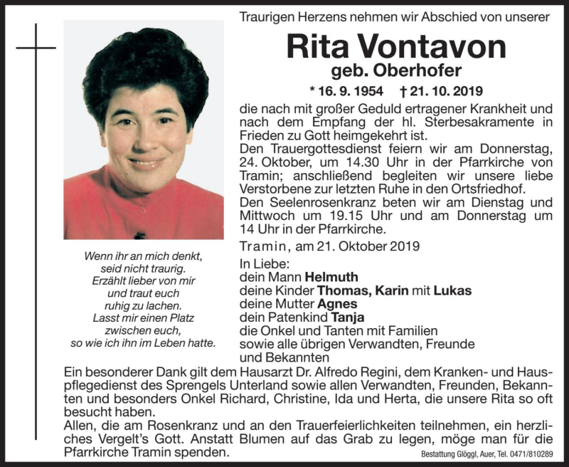  Traueranzeige für Rita Vontavon vom 22.10.2019 aus Dolomiten