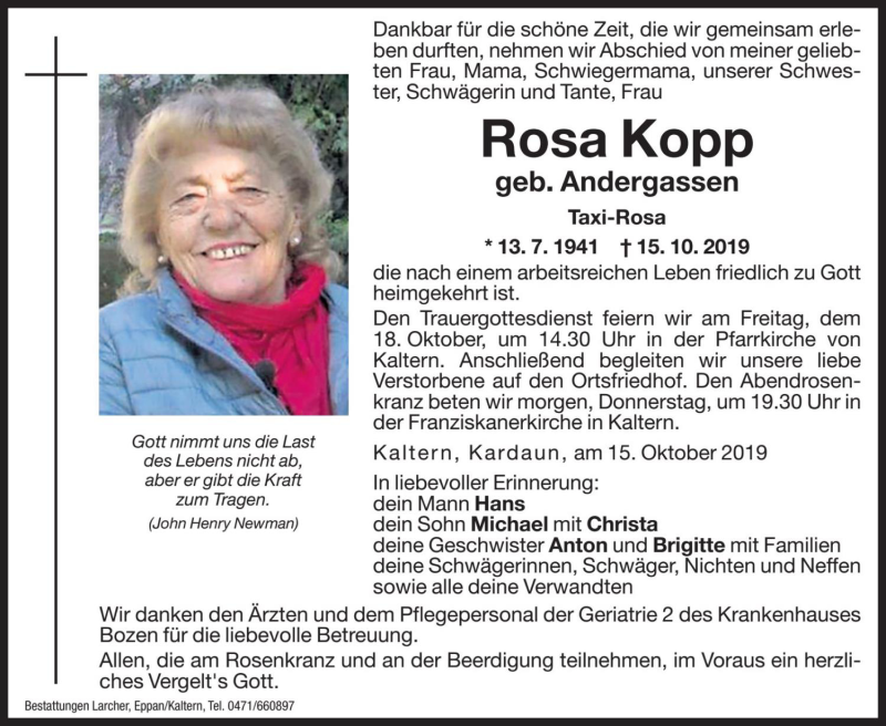  Traueranzeige für Rosa Kopp vom 16.10.2019 aus Dolomiten