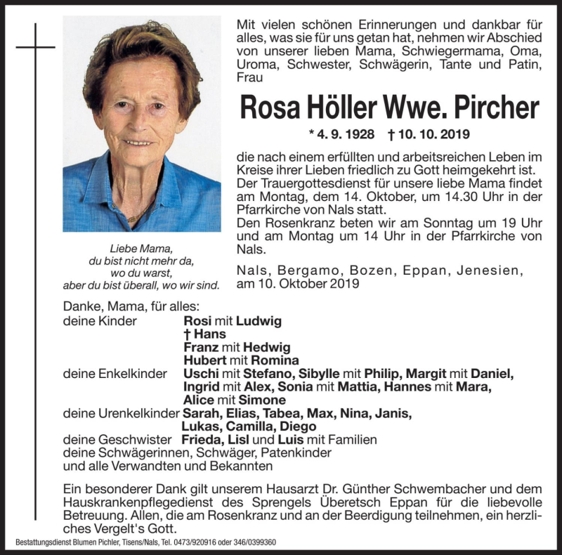  Traueranzeige für Rosa Pircher vom 12.10.2019 aus Dolomiten