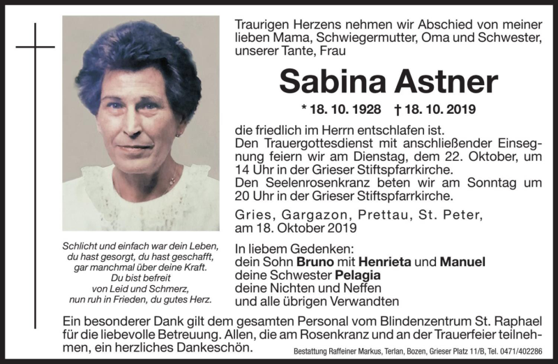  Traueranzeige für Sabina Astner vom 19.10.2019 aus Dolomiten