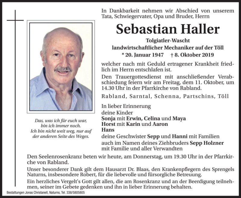  Traueranzeige für Sebastian Haller vom 10.10.2019 aus Dolomiten