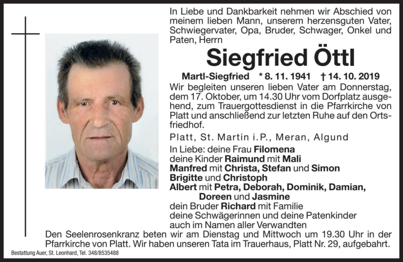 Traueranzeige für Siegfried Öttl vom 15.10.2019 aus Dolomiten