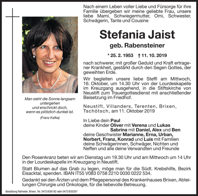  Traueranzeige für Stefania Jaist vom 14.10.2019 aus Dolomiten