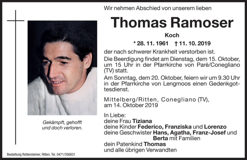  Traueranzeige für Thomas Ramoser vom 14.10.2019 aus Dolomiten
