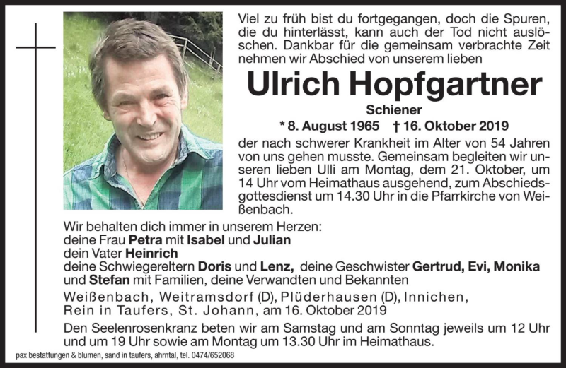  Traueranzeige für Ulrich Hopfgartner vom 19.10.2019 aus Dolomiten