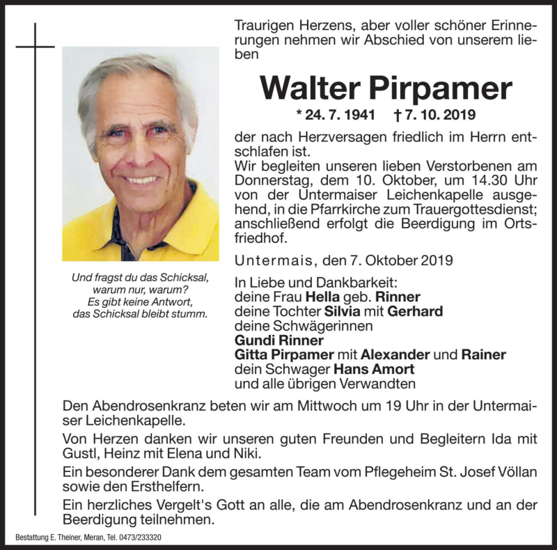  Traueranzeige für Walter Pirpamer vom 09.10.2019 aus Dolomiten