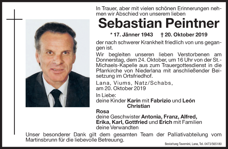  Traueranzeige für Sebastian Peintner vom 22.10.2019 aus Dolomiten