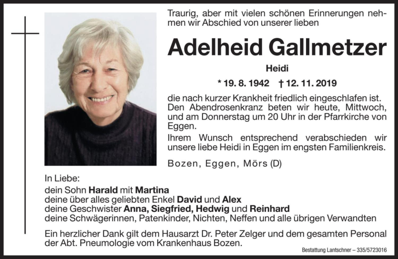  Traueranzeige für Adelheid Gallmetzer vom 13.11.2019 aus Dolomiten