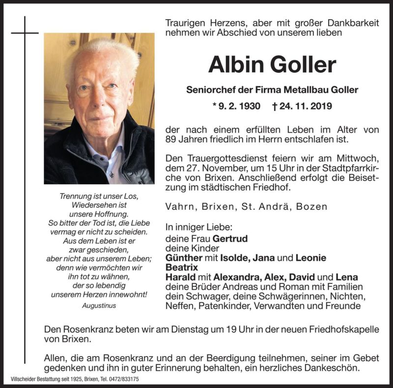  Traueranzeige für Albin Goller vom 25.11.2019 aus Dolomiten