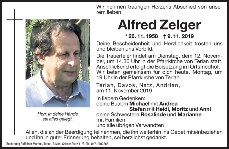  Traueranzeige für Alfred Zelger vom 11.11.2019 aus Dolomiten