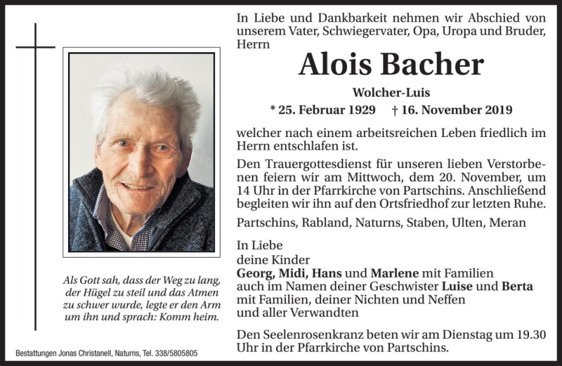  Traueranzeige für Alois Bacher vom 18.11.2019 aus Dolomiten