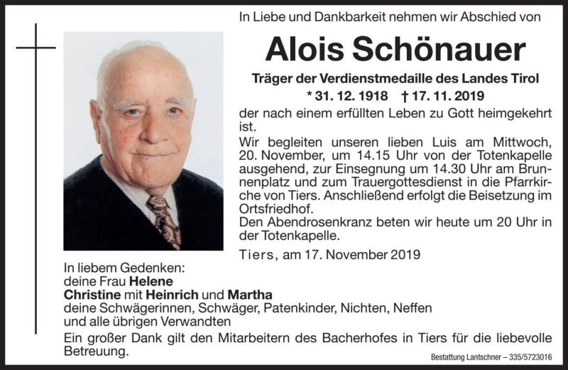  Traueranzeige für Alois Schönauer vom 19.11.2019 aus Dolomiten