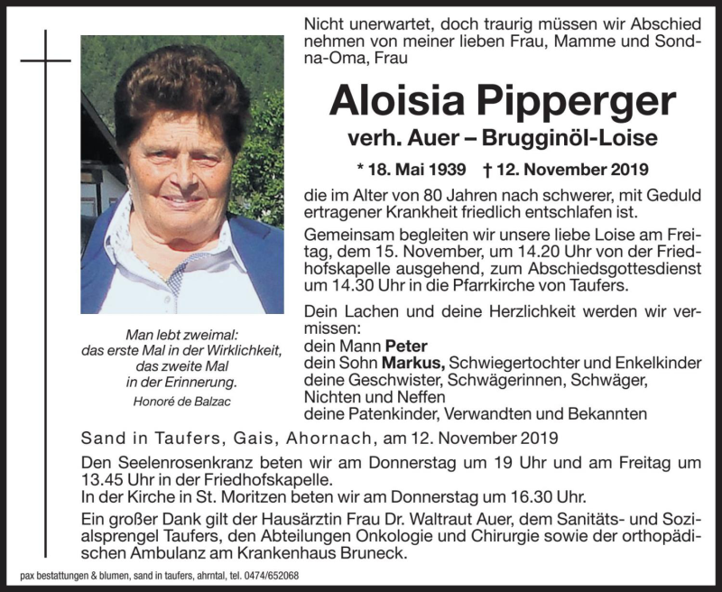  Traueranzeige für Aloisia Auer vom 14.11.2019 aus Dolomiten