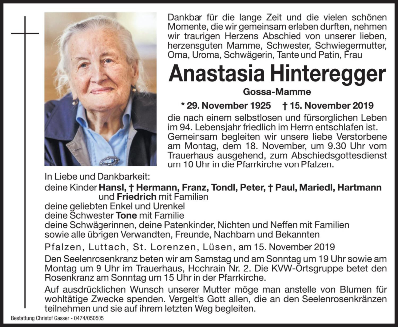  Traueranzeige für Anastasia Hinteregger vom 16.11.2019 aus Dolomiten