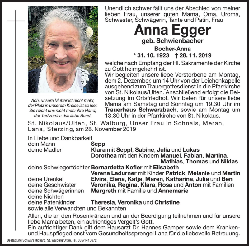  Traueranzeige für Anna Egger vom 29.11.2019 aus Dolomiten