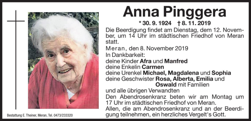  Traueranzeige für Anna Pinggera vom 11.11.2019 aus Dolomiten