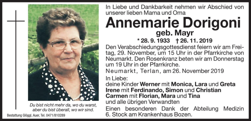  Traueranzeige für Annemarie Dorigoni vom 28.11.2019 aus Dolomiten