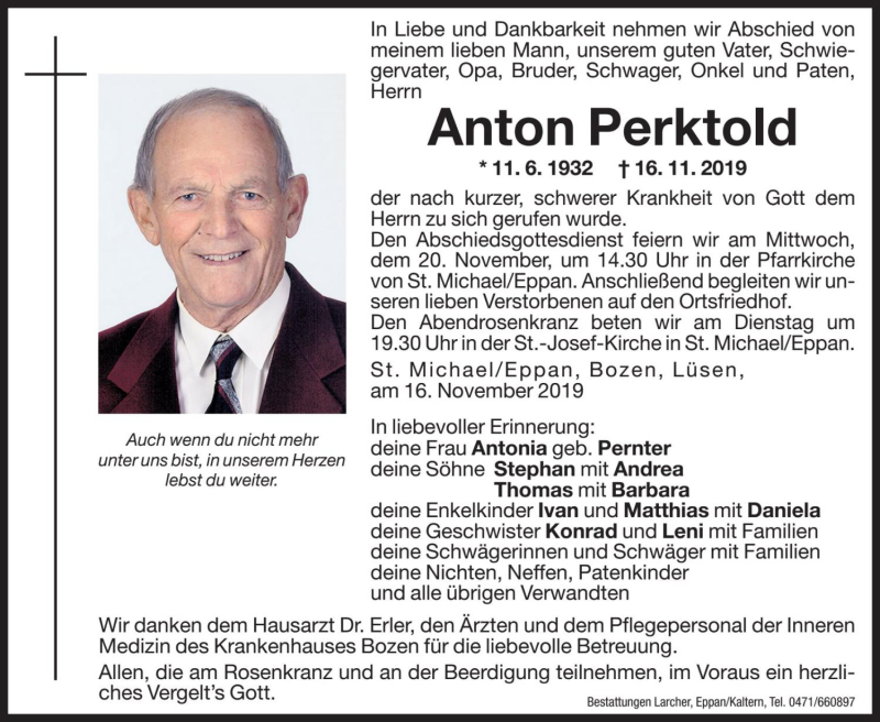  Traueranzeige für Anton Perktold vom 18.11.2019 aus Dolomiten