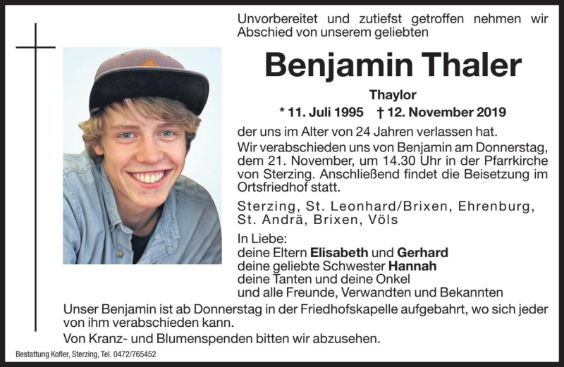  Traueranzeige für Benjamin Thaler vom 20.11.2019 aus Dolomiten