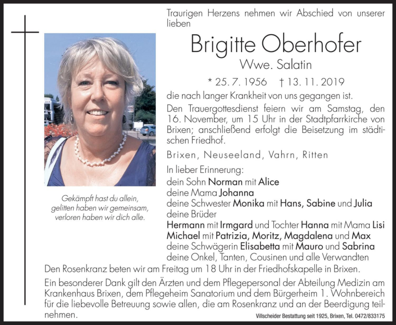  Traueranzeige für Brigitte Salatin vom 15.11.2019 aus Dolomiten