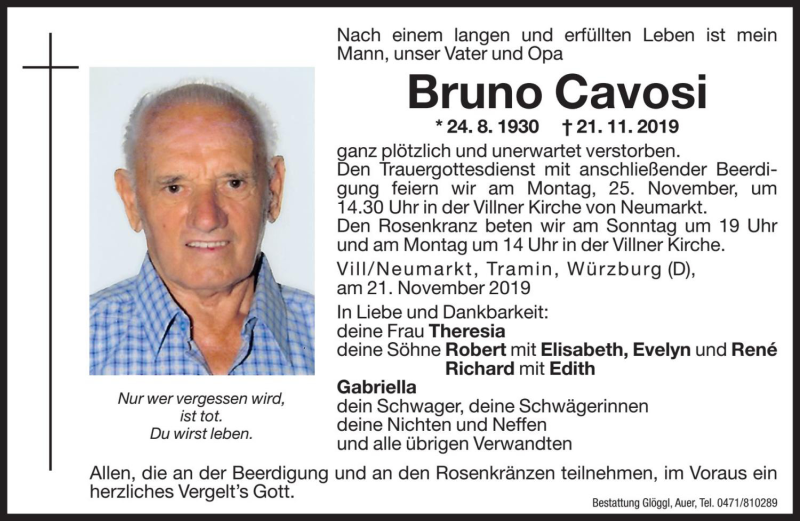  Traueranzeige für Bruno Cavosi vom 23.11.2019 aus Dolomiten