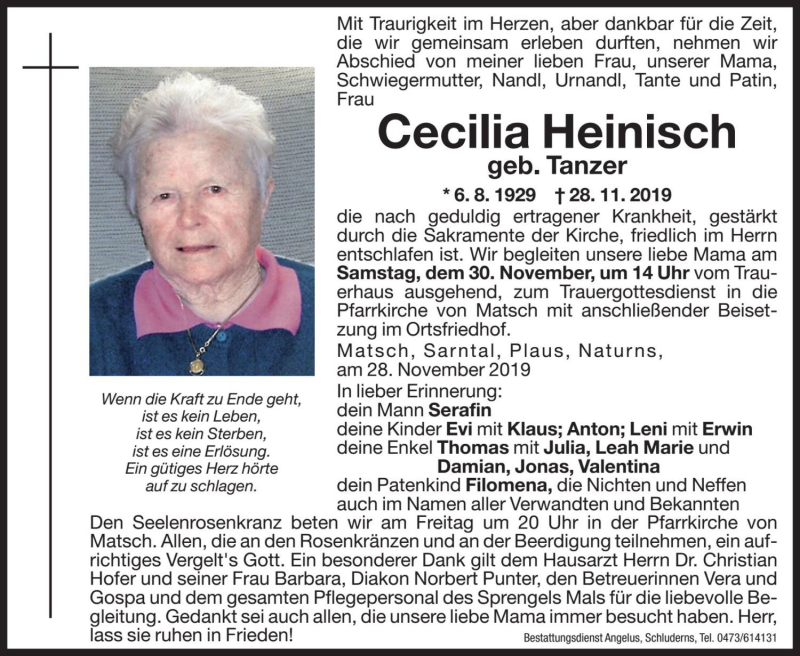  Traueranzeige für Cecilia Heinisch vom 29.11.2019 aus Dolomiten