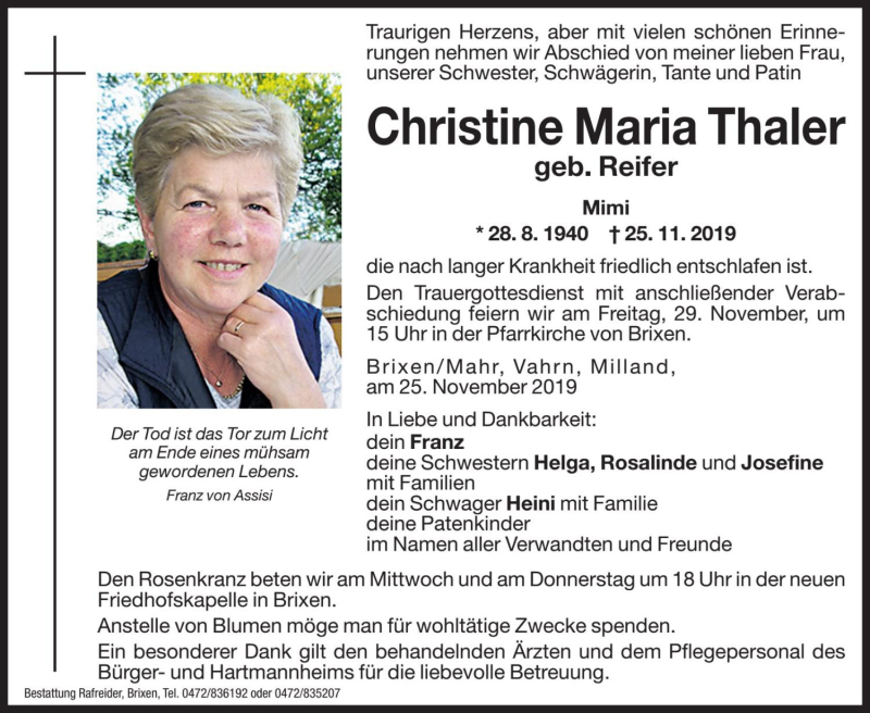  Traueranzeige für Christine Maria Thaler vom 27.11.2019 aus Dolomiten
