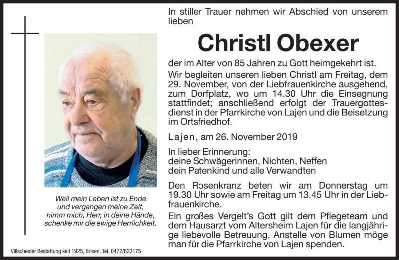  Traueranzeige für Christl Obexer vom 28.11.2019 aus Dolomiten