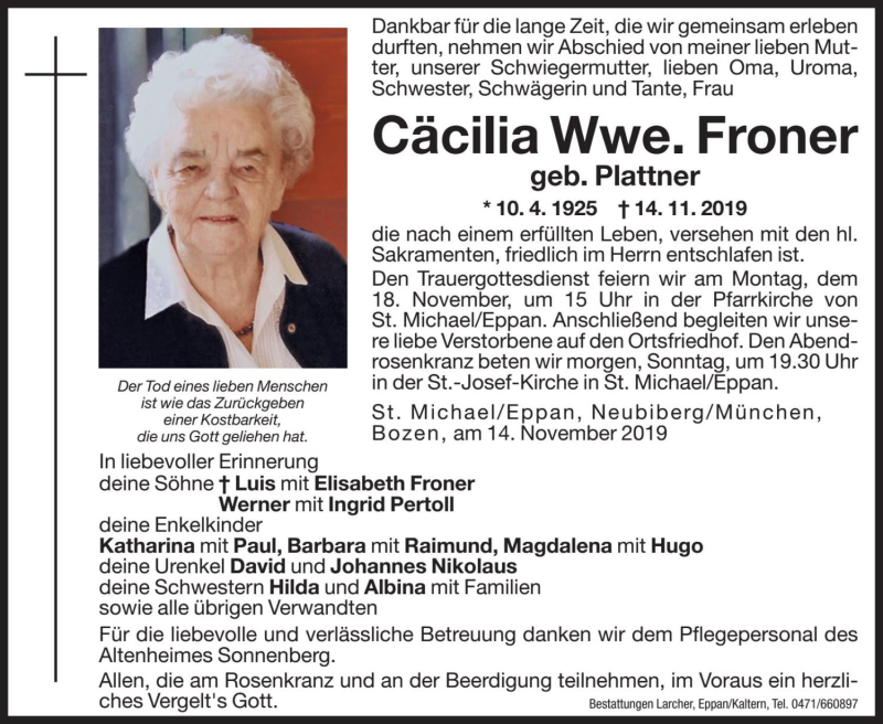  Traueranzeige für Cäcilia Froner vom 16.11.2019 aus Dolomiten
