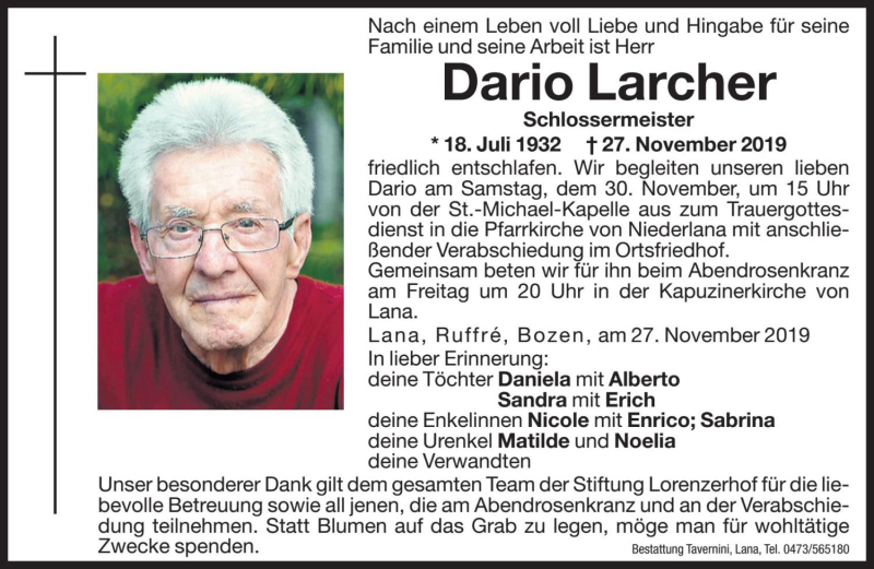  Traueranzeige für Dario Larcher vom 29.11.2019 aus Dolomiten