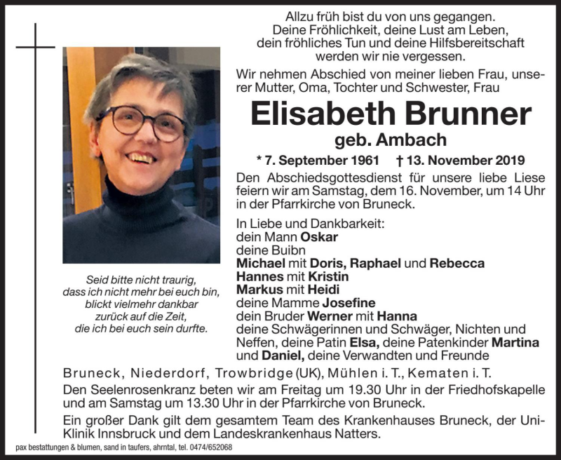  Traueranzeige für Elisabeth Brunner vom 15.11.2019 aus Dolomiten