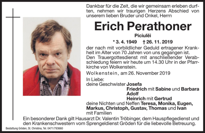  Traueranzeige für Erich Perathoner vom 28.11.2019 aus Dolomiten