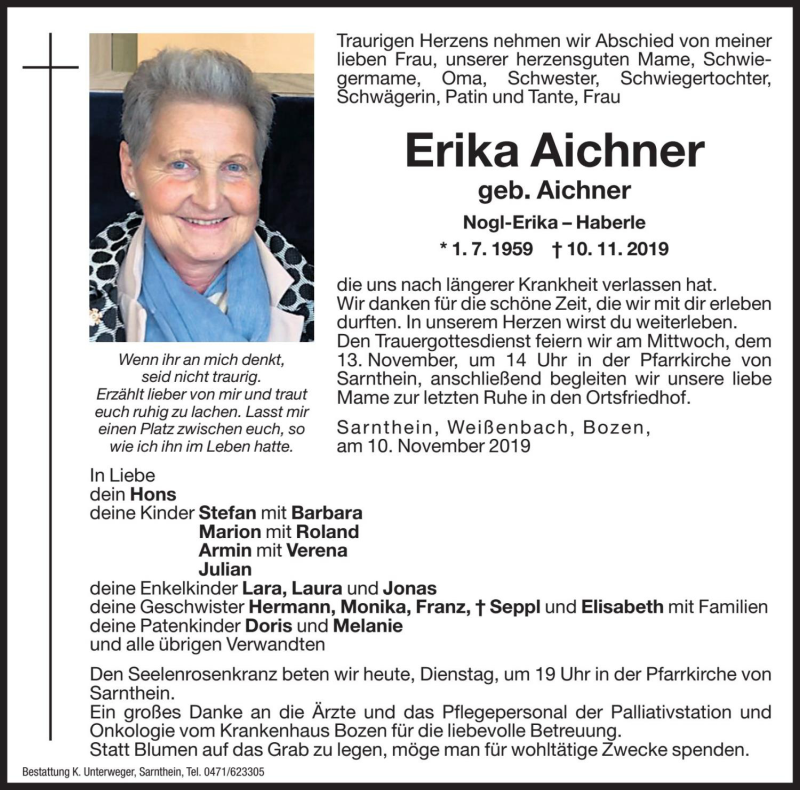  Traueranzeige für Erika Aichner vom 12.11.2019 aus Dolomiten