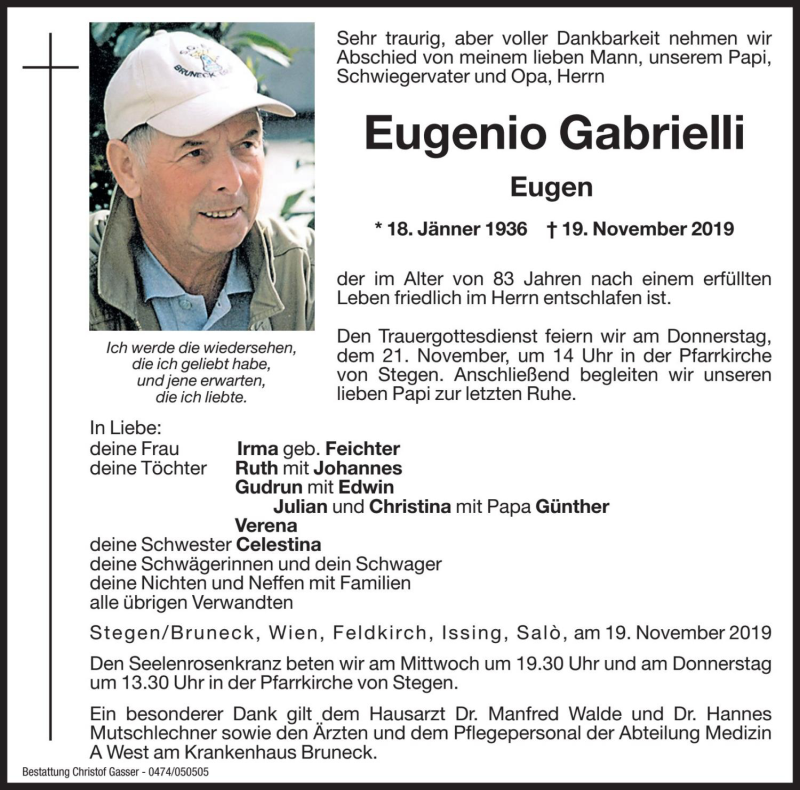  Traueranzeige für Eugenio Gabrielli vom 20.11.2019 aus Dolomiten