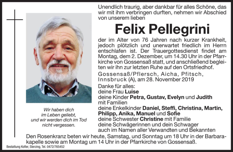  Traueranzeige für Felix Pellegrini  vom 30.11.2019 aus Dolomiten