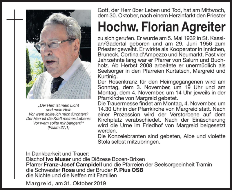  Traueranzeige für Florian Agreiter vom 02.11.2019 aus Dolomiten