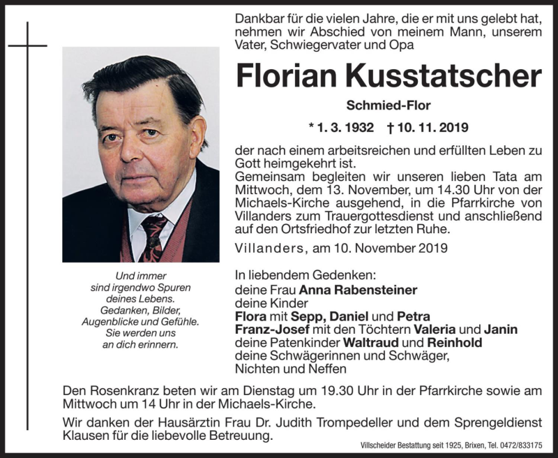  Traueranzeige für Florian Kusstatscher vom 12.11.2019 aus Dolomiten