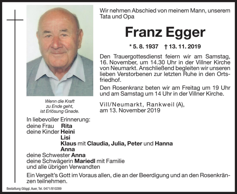  Traueranzeige für Franz Egger vom 14.11.2019 aus Dolomiten