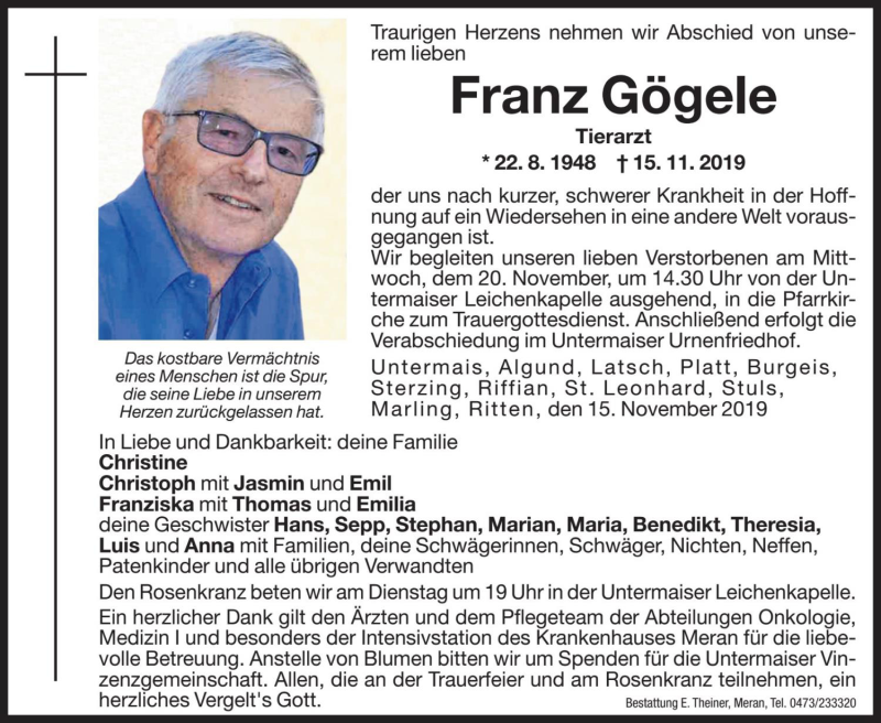  Traueranzeige für Franz Gögele vom 18.11.2019 aus Dolomiten