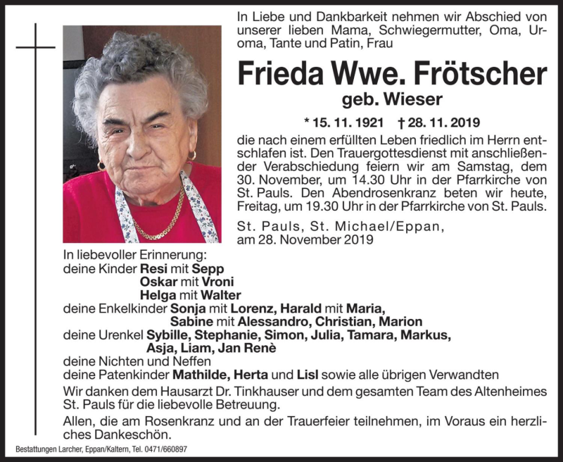  Traueranzeige für Frieda Frötscher vom 29.11.2019 aus Dolomiten