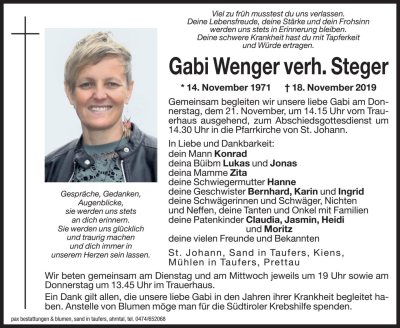  Traueranzeige für Gabi Steger vom 19.11.2019 aus Dolomiten