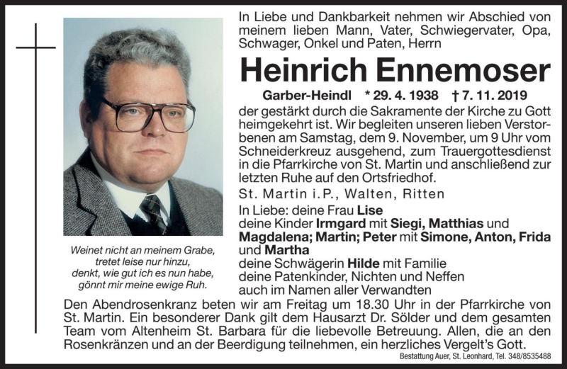  Traueranzeige für Heinrich Ennemoser vom 08.11.2019 aus Dolomiten