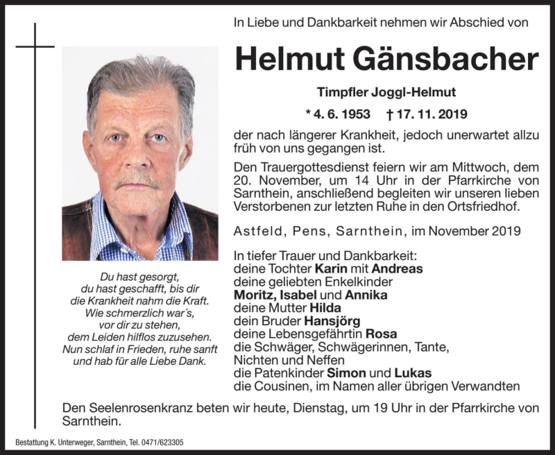  Traueranzeige für Helmut Gänsbacher vom 19.11.2019 aus Dolomiten