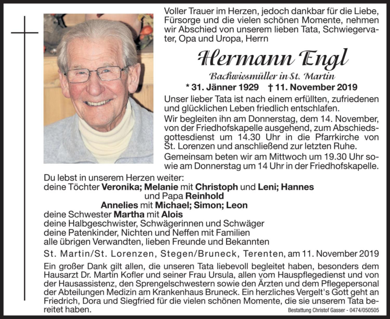  Traueranzeige für Hermann Engl vom 13.11.2019 aus Dolomiten