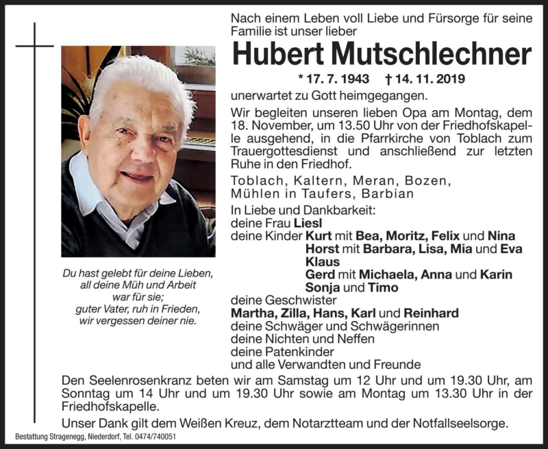  Traueranzeige für Hubert Mutschlechner vom 16.11.2019 aus Dolomiten